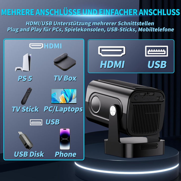 Mini Beamer 4K 1080P [2026 Neuer & Automatische Focus] Projektor Tragbarer mit WiFi 6 und Bluetooth