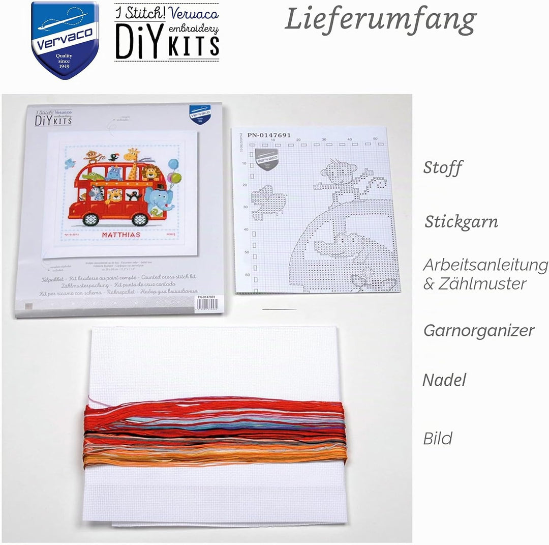 Vervaco Zählmuster Fröhliche Busfahrt Zählmusterpackung-Stickpackung im gezählten Kreuzstich, Baumwo