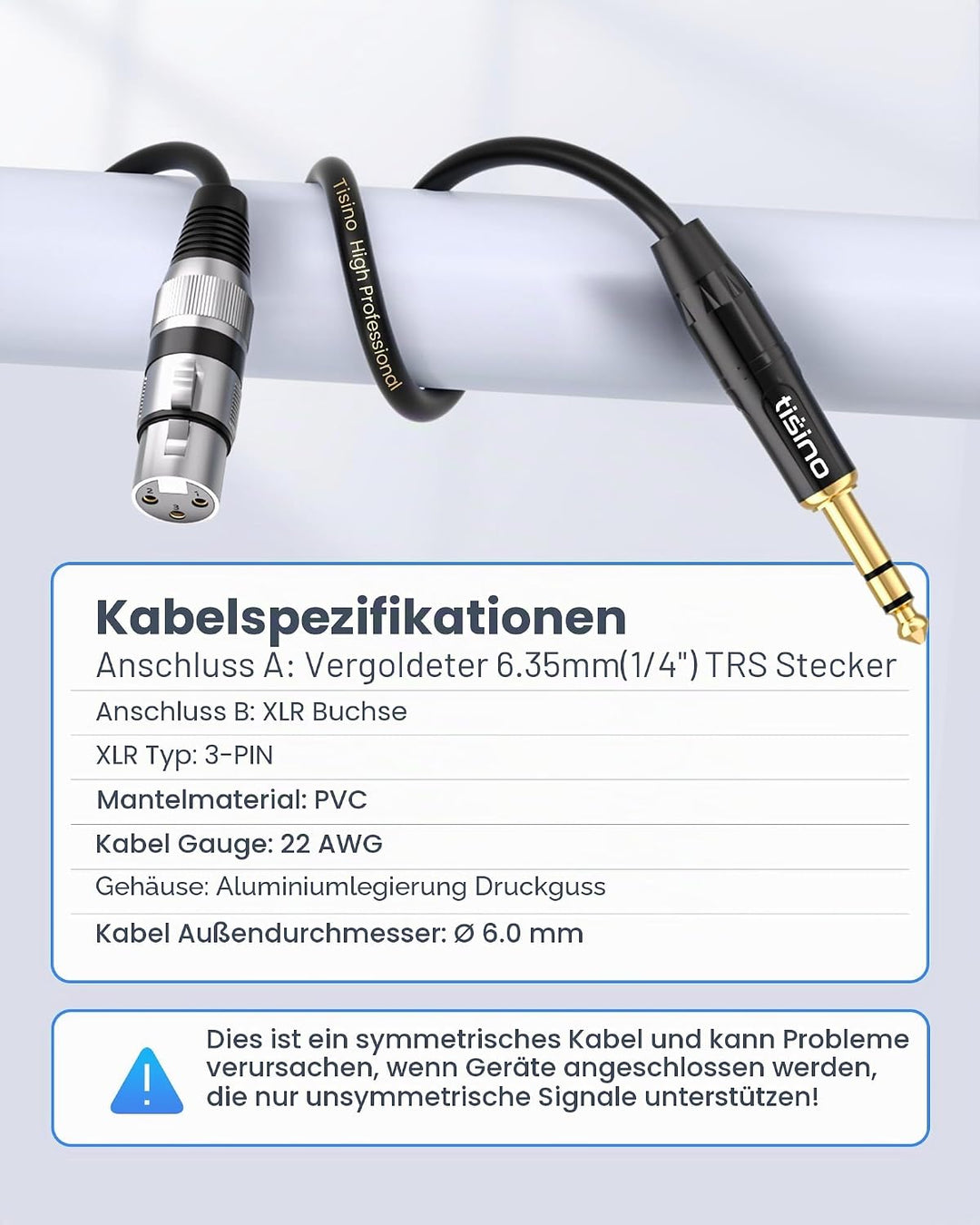 Tisino XLR auf Klinke 6,3, (5M) XLR-Buchse auf 6,3 mm Klinken Stereo Mikrofonkabel Symmetrisches Sig