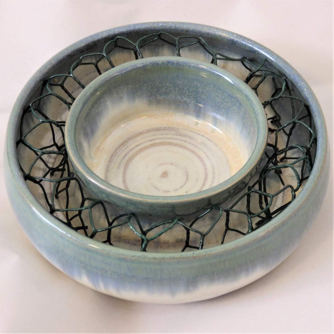 Blumenring beige-blau, handgetöpfert, 13 cm Durchmesser, Steinzeug