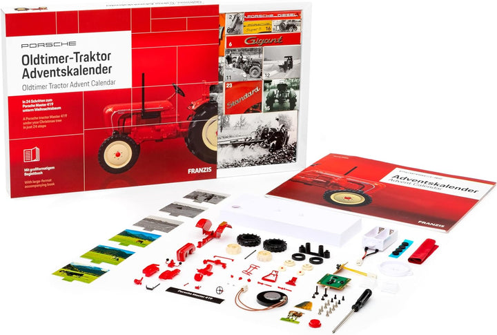 FRANZIS 67067 - Porsche Oldtimer-Traktor Adventskalender 2019, Modellbausatz im Massstab 1:43, inkl.