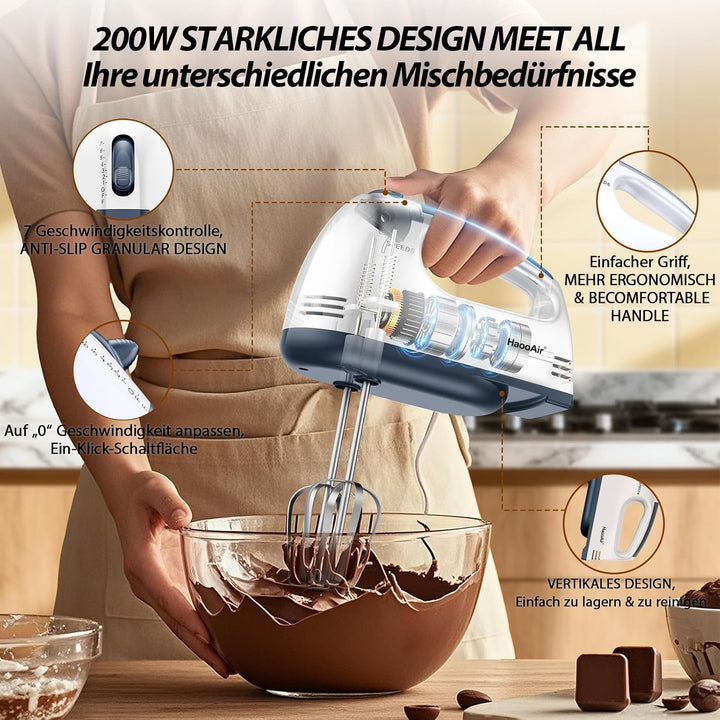 Handmixer, 7-stufig einstellbarer Küchenmixer, 304 Edelstahl-Zubehörteile (1X Schneebesen, 2X Knetha