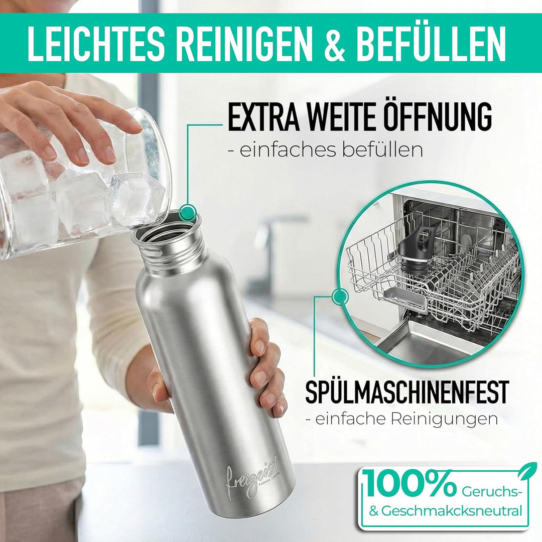 Die Trinkflasche Edelstahl 500ml + EXTRA Sportverschluss, Edelstahl Trinkflasche 750ml, 500ml + 350