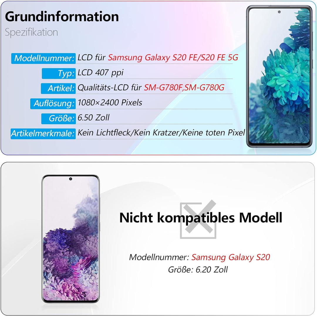 RongZy für Samsung Galaxy S20 FE/S20 FE 5G LCD Bildschirmersatz für Samsung Galaxy S20 FE Touchscree