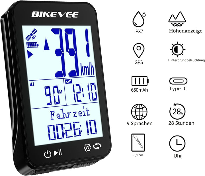 GPS Fahrradcomputer Kabellos IPX7 Wasserdicht 2.4'' FSTN Display 28H Akku Schwarz-A【Standardhalterun