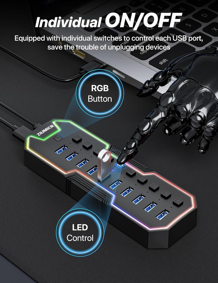 Powered USB Hub, 10 Ports USB 3.0 Hub mit RGB LED Strip und 12V/2A Power Adapter USB Erweiterung für