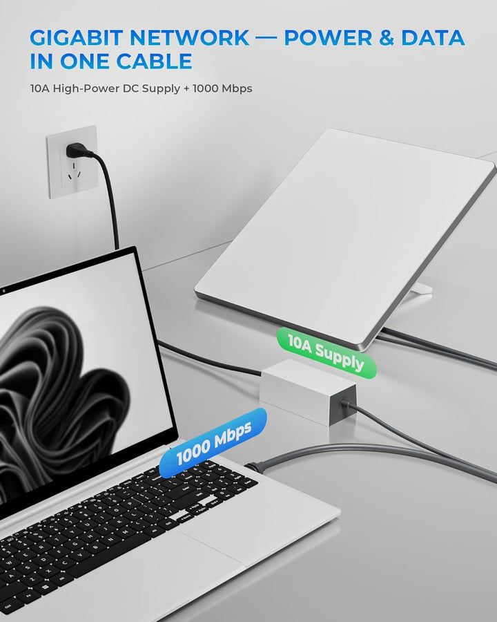 2-in-1 Power & Ethernet Cable 33ft/10m for Starlink Mini, Shielded DC Power + RJ45 Ethernet Replacem