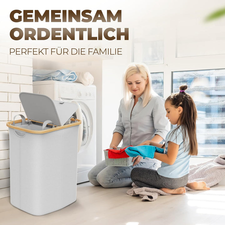 Wäschekorb 2 Fächer mit Deckel 150 Liter Bambus-Stoff Hell Grau Gross - Wäschesortierer Wäschetonne