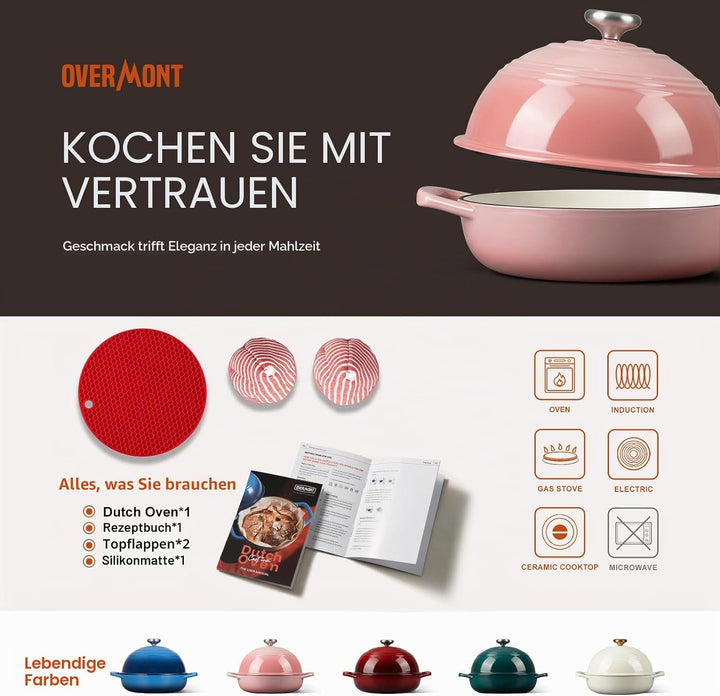 Overmont Gusseisen Topf Emaille Brotbacktopf - 5.7L Bräter Schmortopf mit Deckel und Kochbuch – für