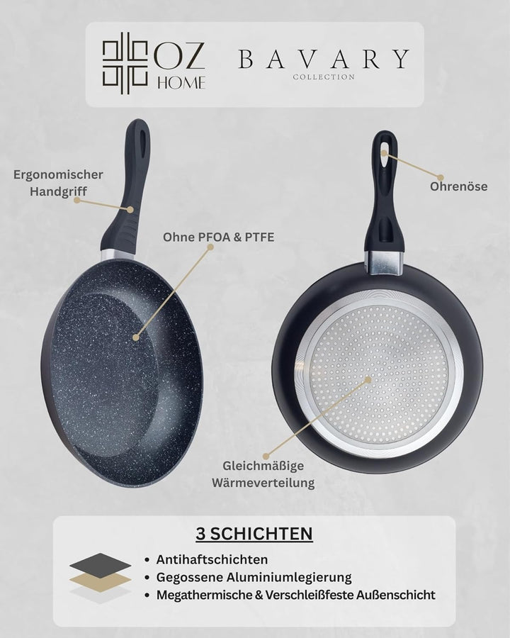 Bavary Bratpfannenset 3-teilig 20/24/28 cm – Granit Antihaftbeschichtung – PFOA & PTFE-frei – Gegoss