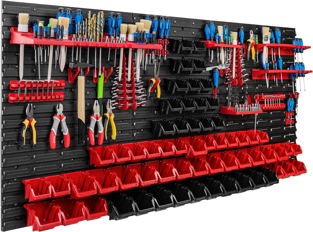 Lagersystem Werkstattregal | 172 x 78 cm | 62 stck. Box | Wandregal mit Werkzeughalterungen und Stap