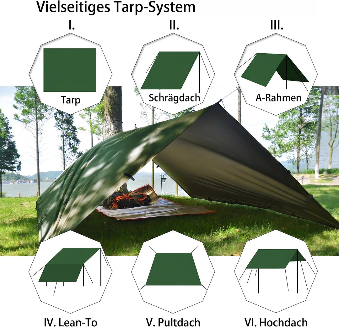 Zeltplane Tarp für Hängematte Regenschutz Sonnensegel für Ourdoor Camping Wasserdicht Anti-UV Grün 3