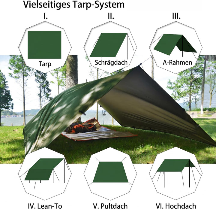 Zeltplane Tarp für Hängematte Regenschutz Sonnensegel für Ourdoor Camping Wasserdicht Anti-UV Grün 3