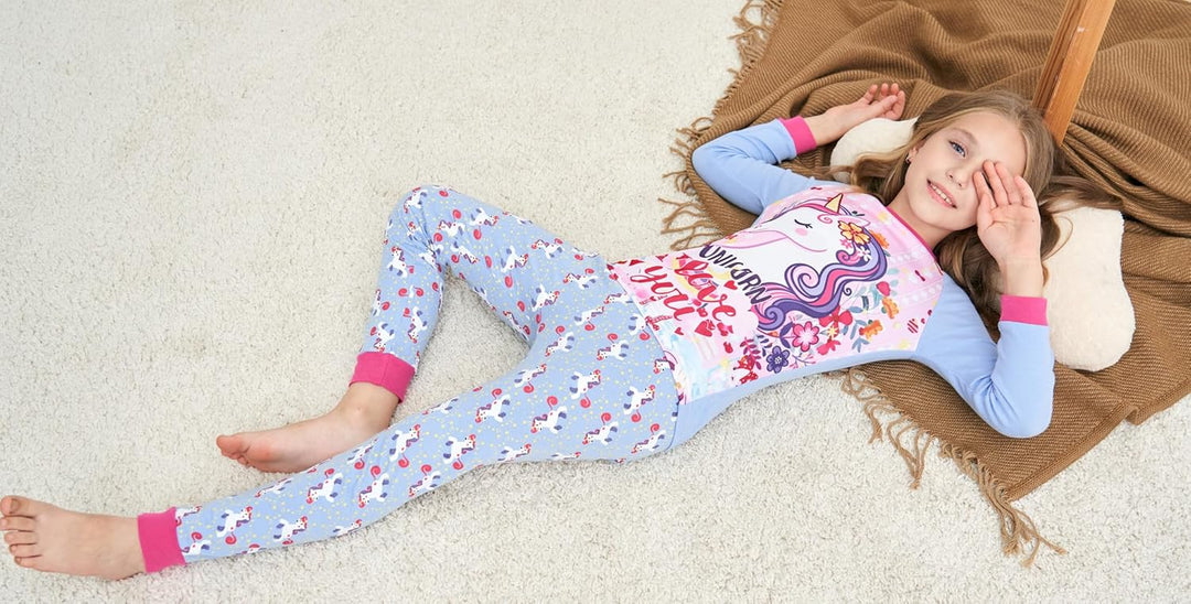 SOIBEEN Mädchen Pyjamas Set Pyjamas 100% Baumwolle PJs Langarm Kurzarm Nachtwäsche 2-12 Jahre 3d Ein