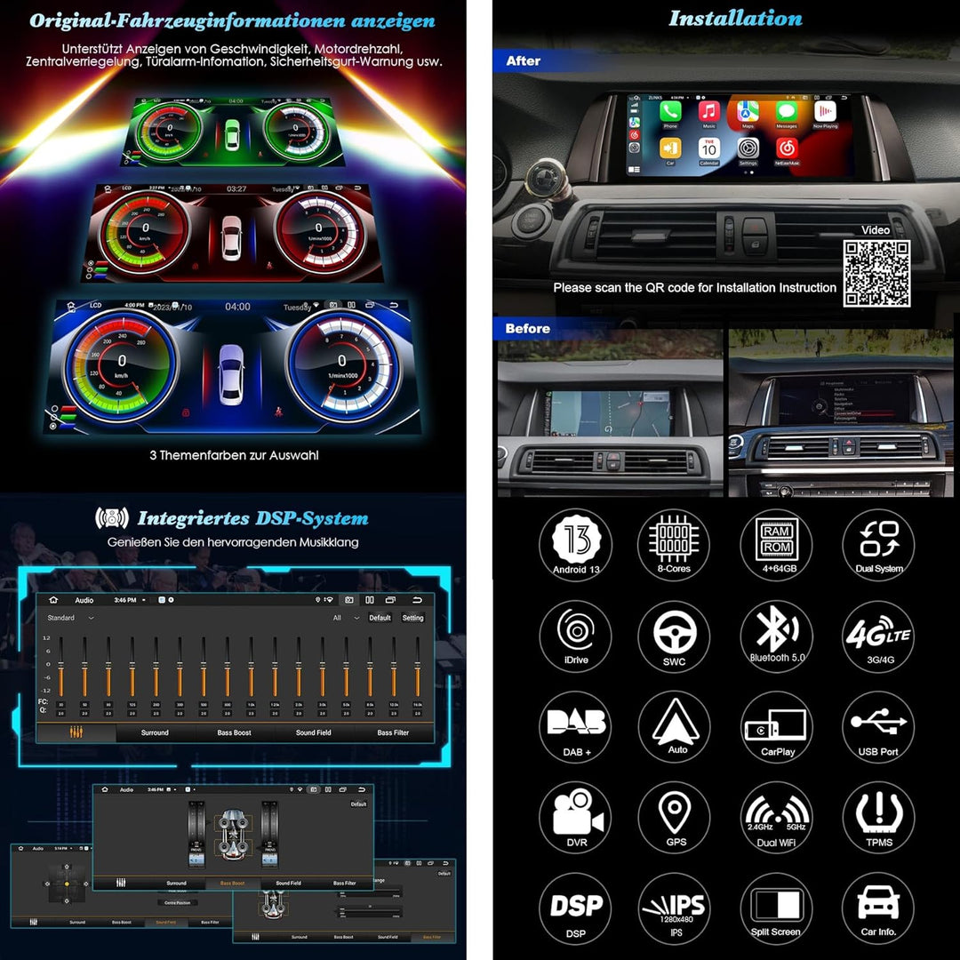Erisin 10.25 Zoll 4GB RAM 64GB ROM Android 11.0 Autoradio Bluetooth GPS Navi für BMW 5er F10 F11 NBT