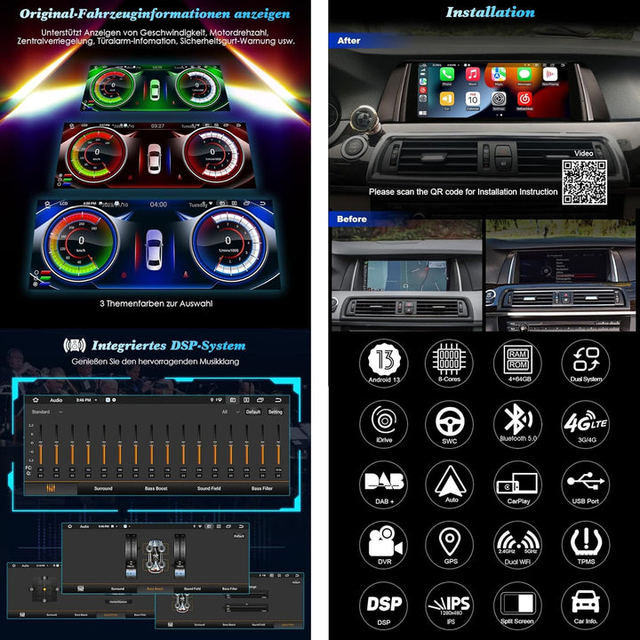 Erisin 10.25 Zoll 4GB RAM 64GB ROM Android 11.0 Autoradio Bluetooth GPS Navi für BMW 5er F10 F11 NBT
