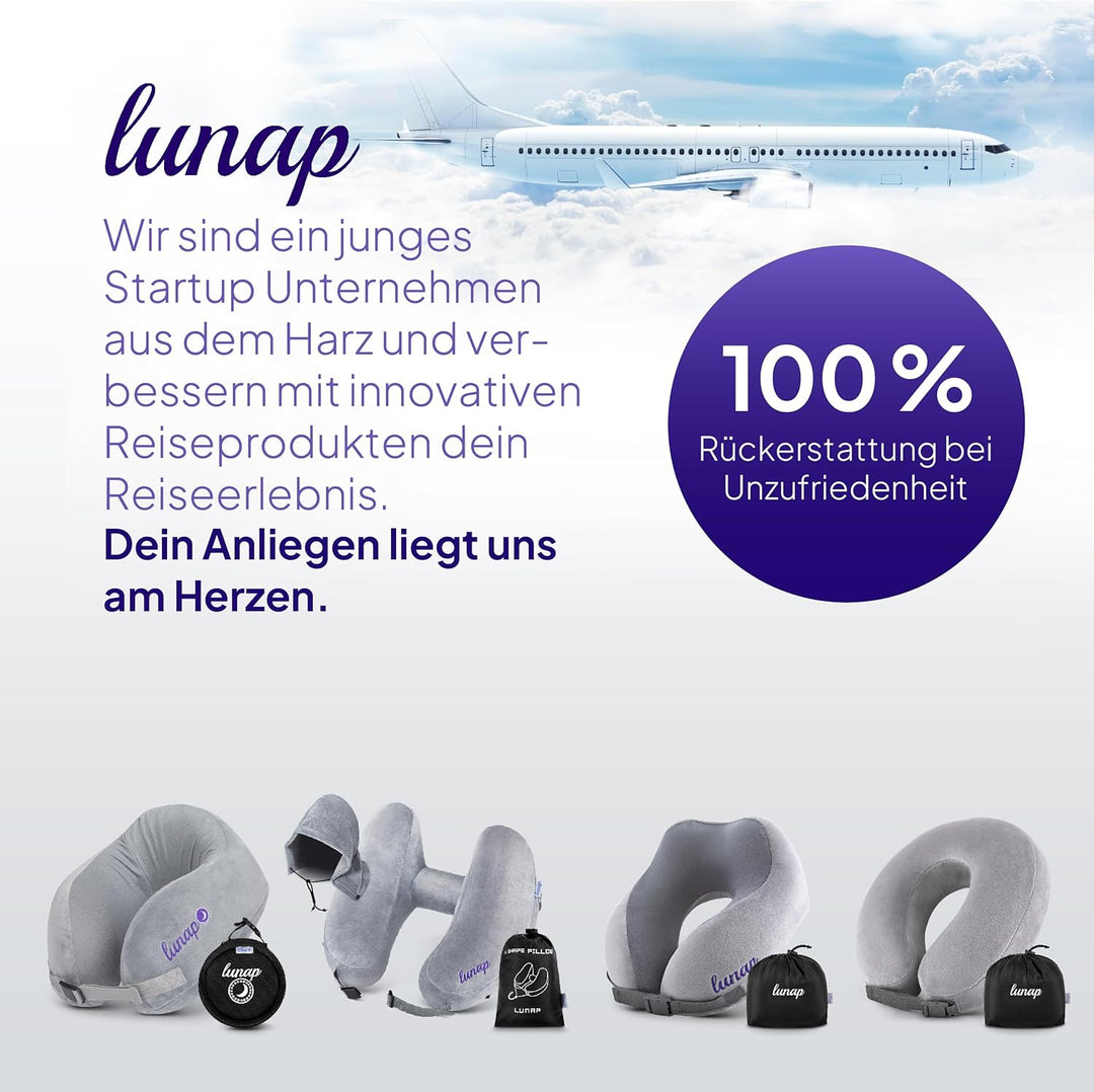 lunap Nackenkissen Flugzeug | Reisekissen Memory Foam atmungsaktiv + waschbar | Nackenhörnchen | Rei