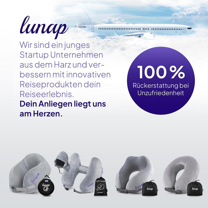 lunap Nackenkissen Flugzeug | Reisekissen Memory Foam atmungsaktiv + waschbar | Nackenhörnchen | Rei