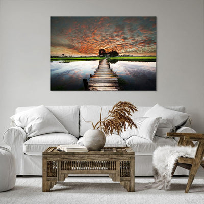 ARTTOR Bilder auf Leinwand 100x70cm Leinwandbild Asien brücke see natur Gross Wanddeko Bild Schlafzi