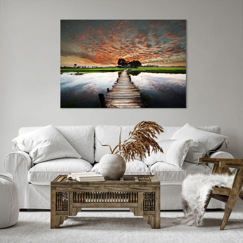 ARTTOR Bilder auf Leinwand 100x70cm Leinwandbild Asien brücke see natur Gross Wanddeko Bild Schlafzi