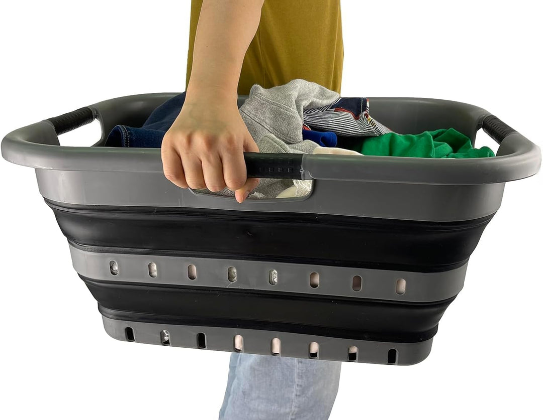 SAMMART 41L Collapsible 3 Handled Plastic Laundry Basket - Foldable Pop Up Storage Basket/Organizer