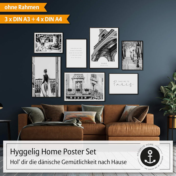 Hyggelig Home Premium Poster Set - 7 harmonische Bilder im Set - Eiffelturm Wand Deko - Set Paris- o