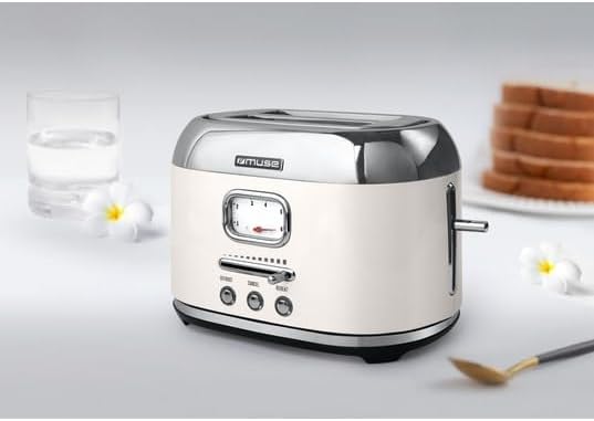 Muse Edelstahl-Toaster in beige und retro Design, analoge Anzeige, beleuchtete Tasten, 6 Bräunungsst