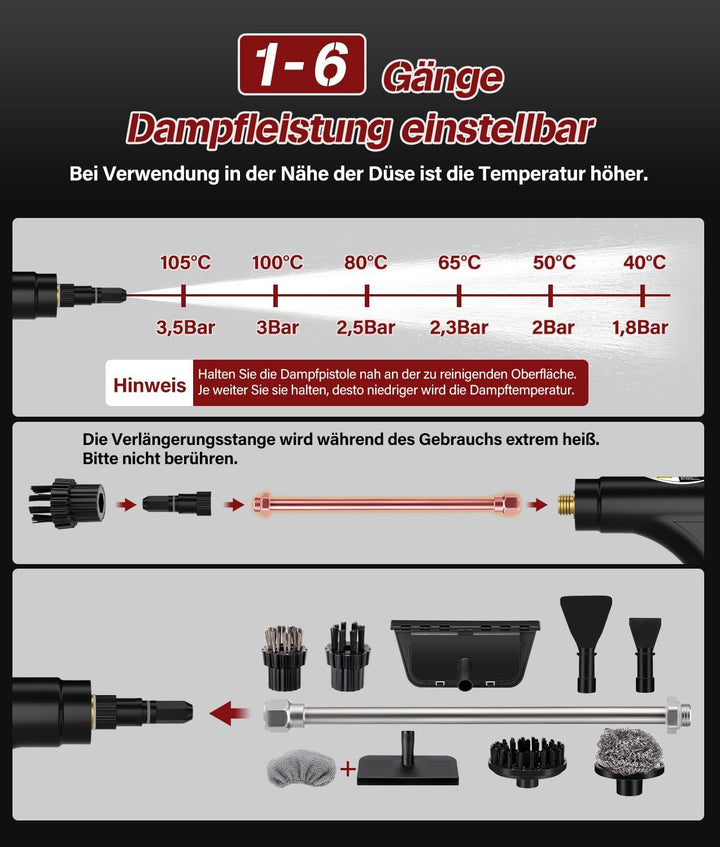 Dampfreiniger multifunktional für den Heimgebrauch, 1200 ml Wassertank, LCD-Display und verstellbare
