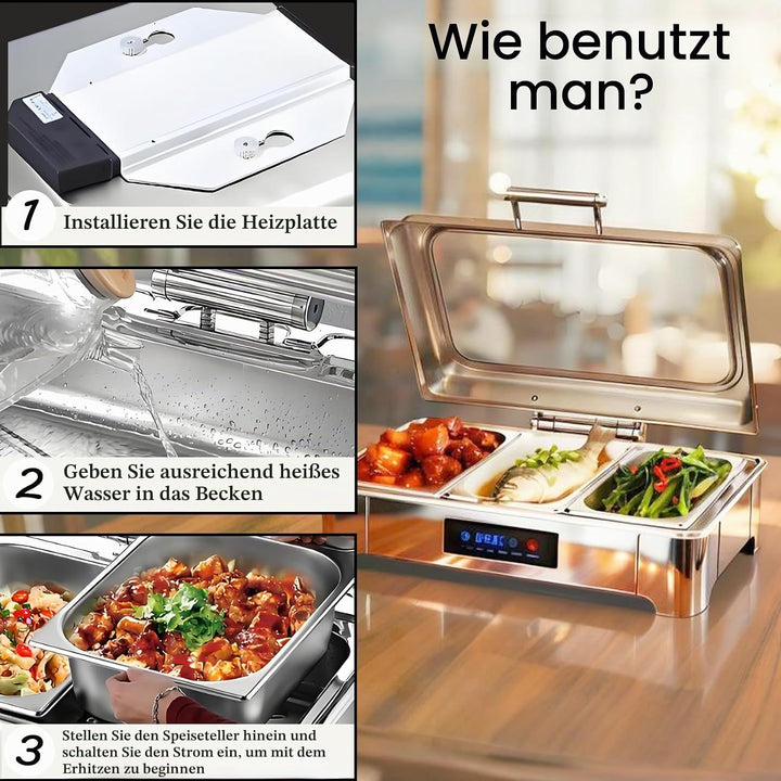 Elektrischer Chafing Dish Glasdeckel, 9L Edelstahl(1/3 Pan) | Speisewärmer Buffetwärmer Elektrisch E