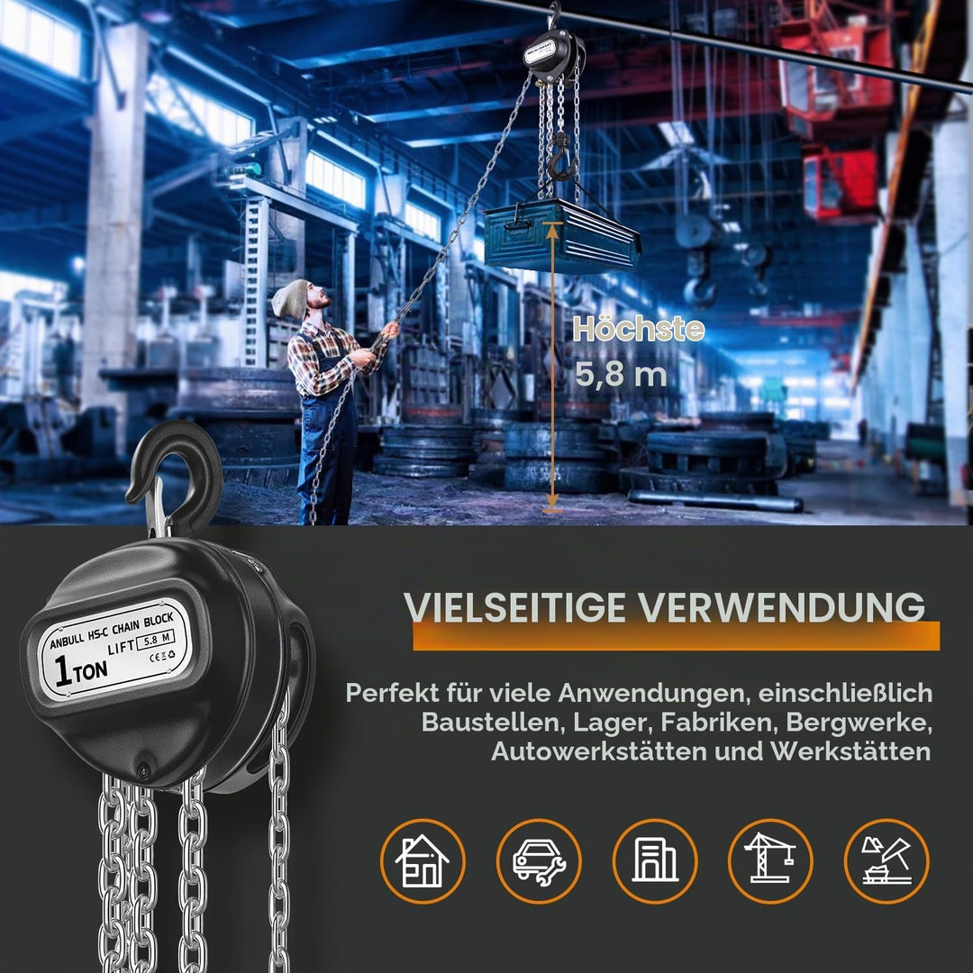 Anbull Flaschenzug, Kettenzug 1000kg, 5,8m Hubhöhe, Vollverzinkte Kette, Keine Ölflecken und rostfre