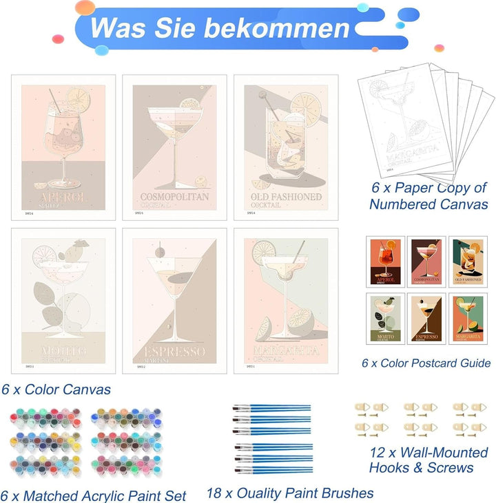 JATOK 6 Stück Malen Nach Zahlen Erwachsene, DIY TassenGemälde für Anfänger, Handgemalt Ölgemälde Lei