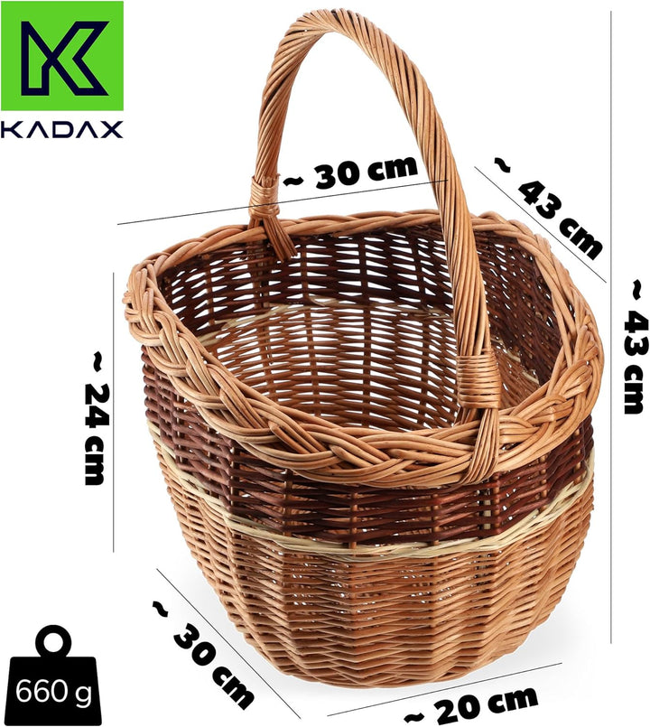 KADAX Weidenkorb für Pilze, Ovaler Korb zum Einkaufen, robuster Picknickkorb mit dem Henkelgriff, Fl