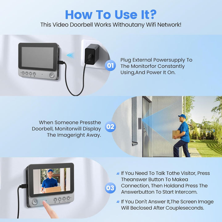 Drahtlose Video Türklingel,4,3 Zoll IPS Bildschirm Klingel Mit Kamera,Aussentürklingel, 1080P HD,170