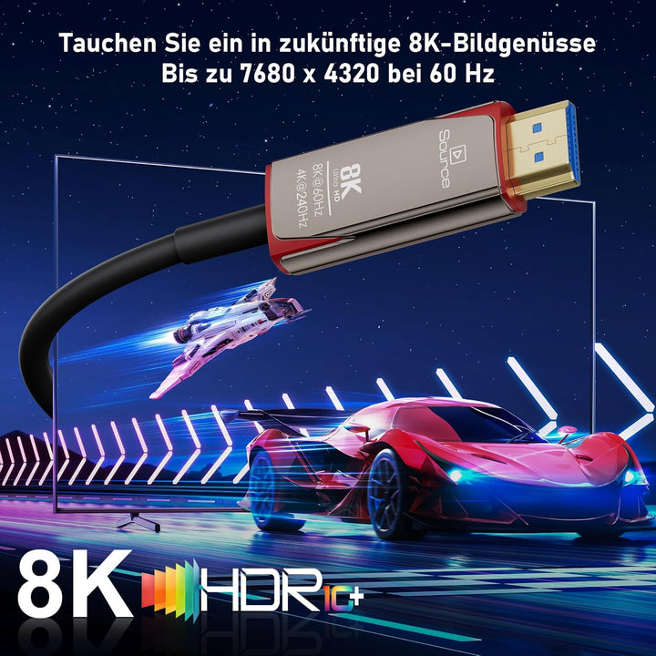 8K Glasfaser HDMI Kabel 15 m, 48Gbps ultraschnelles dünnes HDMI Kabel, 8K bei 60 Hz, 4K bei 240 Hz,