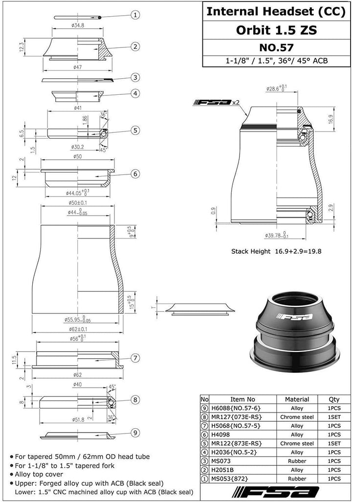 FSA No.57 Orbit Headset Sealed Bearing 1.5 ZS 1-1/8Inches to 1.5Inches Tapered Integrated, XTE1531