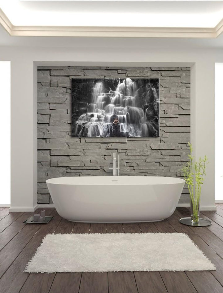 Pixxprint Yoga am Wasserfall in Bali als Leinwandbild/Grösse: 100x70 cm/Wandbild/Kunstdruck/fertig b