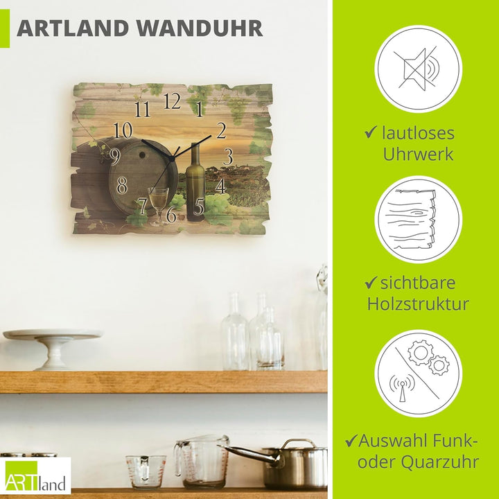 ARTLAND Wanduhr ohne Tickgeräusche aus Holz Funk Uhr lautlos 40x30 cm Rechteckig Küche Landschaft Na