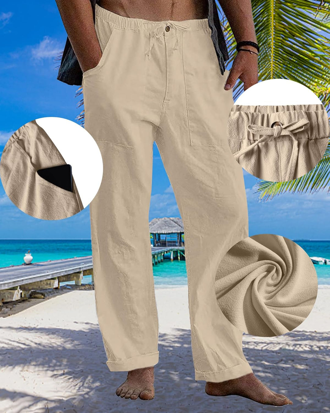 LVCBL Leinenhose Herren Sommer Herbst Lose Lässige Leinenhose mit Taschen Elastischer Bund M Khaki,
