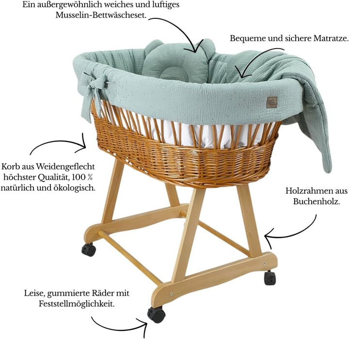 Wiklinopol Stubenwagen aus Weide mit Gestell & Matratze Amelia – Moseskorb in Natur – Set Musselin-B