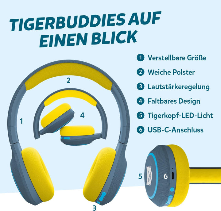 tigermedia tigerbuddies Bluetooth Kopfhörer Kinder | Faltbare Kinder Kopfhörer ab 4 Jahren | Mit Lau