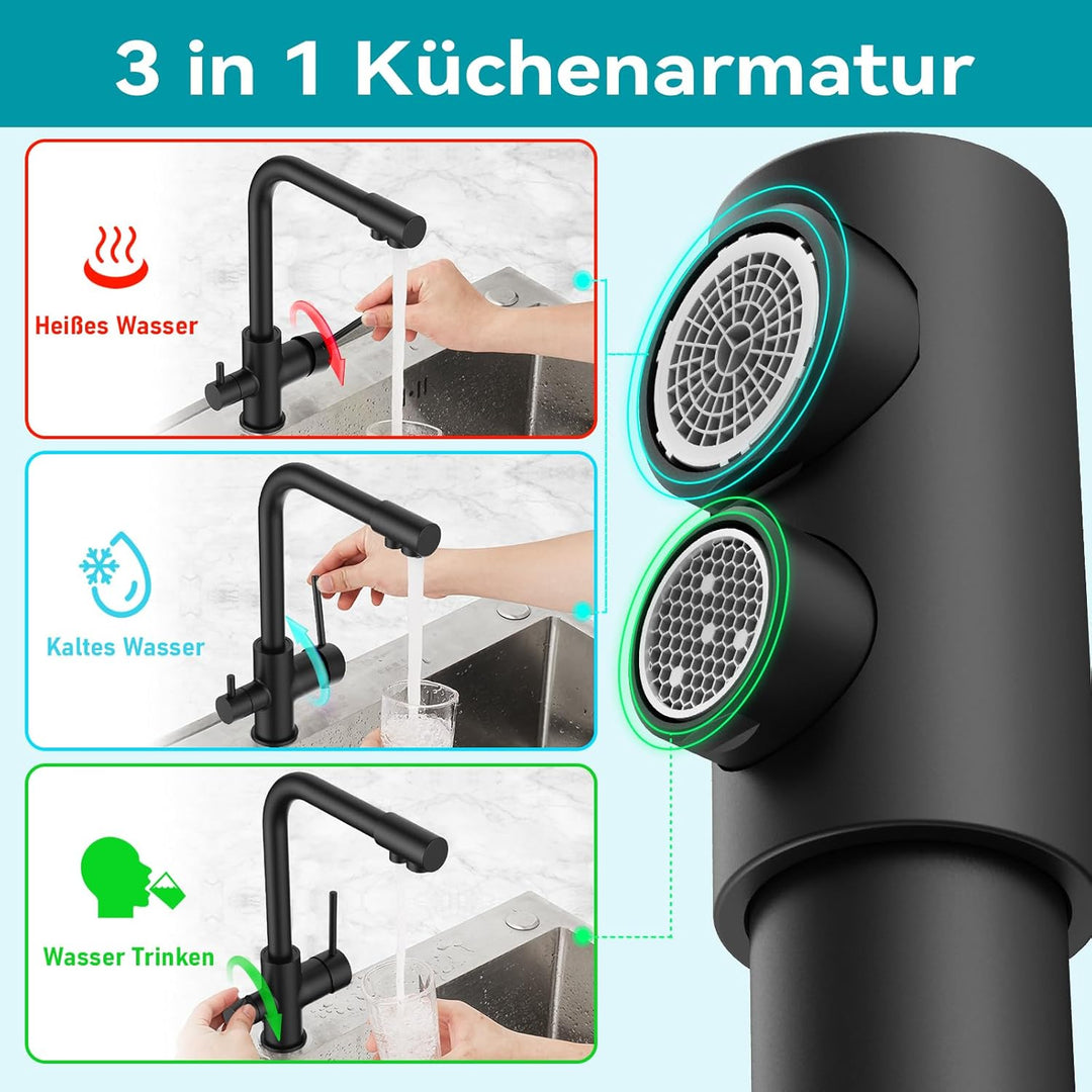 FORIOUS Wasserhahn Küche Schwarz, 3 Wege Wasserhahn Mischbatterie Küche, Zweigriffige Edelstahl-Spül