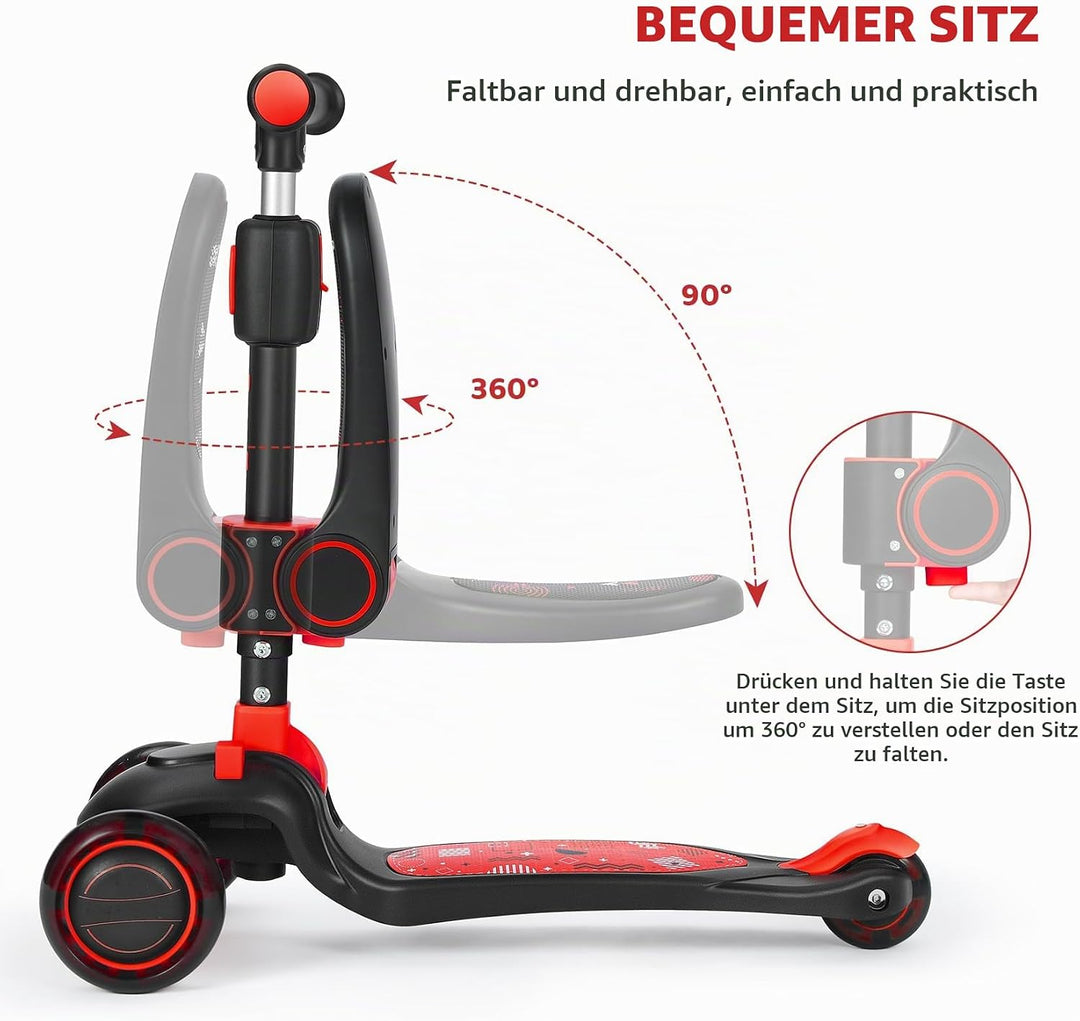 Kinderroller mit 360° drehbarem Sitz, stufenlose Höhenverstellung, Scooter mit LED-Rädern, Faltbarer