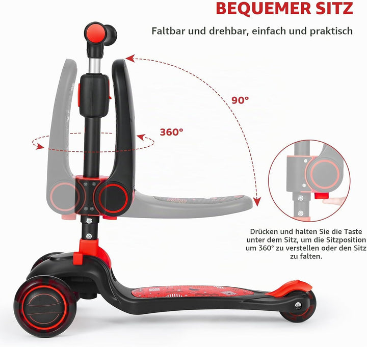 Kinderroller mit 360° drehbarem Sitz, stufenlose Höhenverstellung, Scooter mit LED-Rädern, Faltbarer