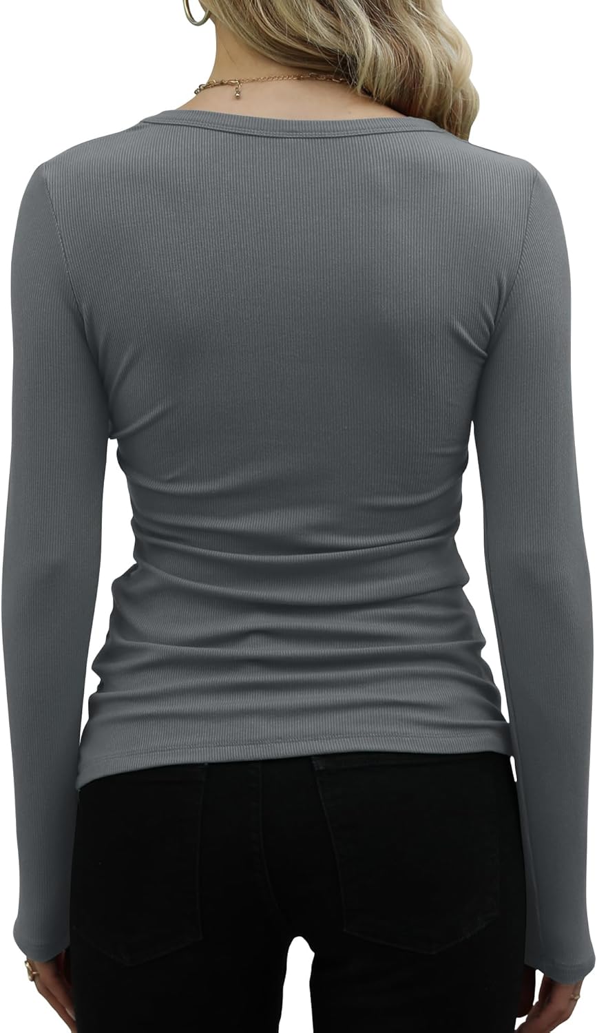 DUOEASE Langarmshirt Damen Rundhal Pullover Elegant Langarm Oberteile Rippshirt Tshirts Basic Tops D