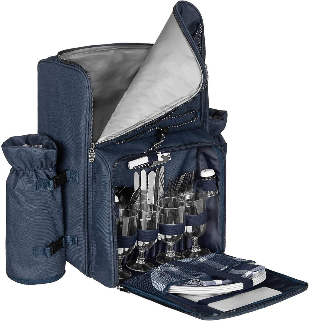 anndora Picknickrucksack mit Kühlfach Zubehör 29-teilig - blau weiss Navy Blau Weiss