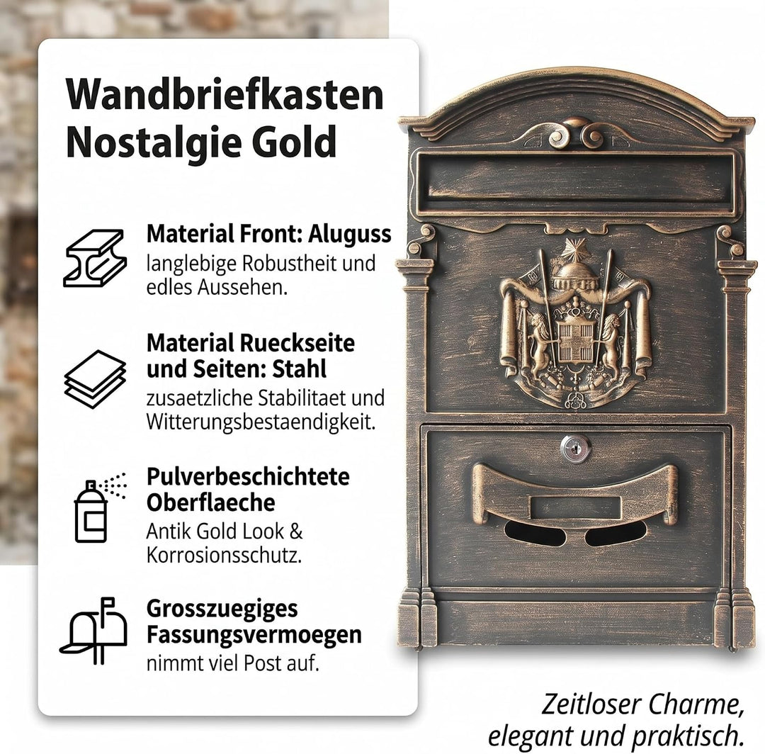 Mucola Briefkasten Wandbriefkasten Antik mit Zeitungsfach abschliessbar Gold | Aluguss-Front mit 3D-