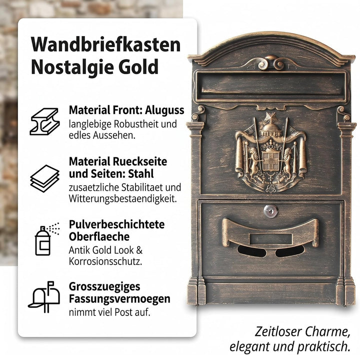Mucola Briefkasten Wandbriefkasten Antik mit Zeitungsfach abschliessbar Gold | Aluguss-Front mit 3D-
