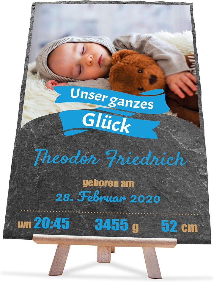 wandmotiv24 Schieferplatte mit eigenem Foto zur Geburt, 20 x 30 cm, inklusive Staffelei, Unser ganze