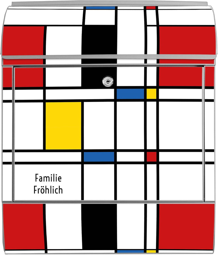 banjado® Design Briefkasten personalisiert mit Motiv Rot Gelb Blau 39x47x14cm & 2 Schlüssel - Briefk