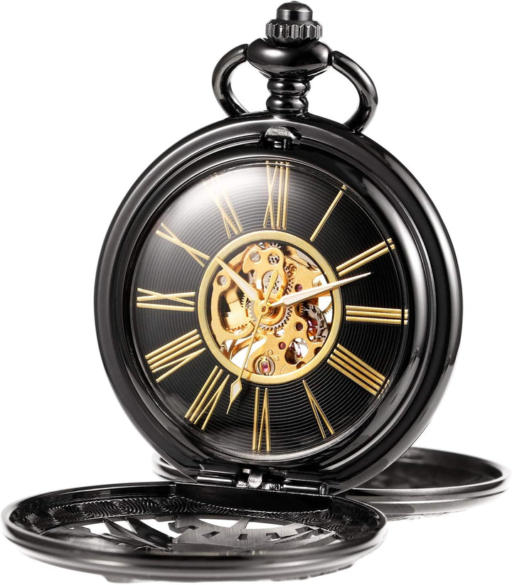 TREEWETO Unisex Taschenuhr mit Kette Analog Handaufzug Doppelscharnier Mechanisch Getriebe Skelett F